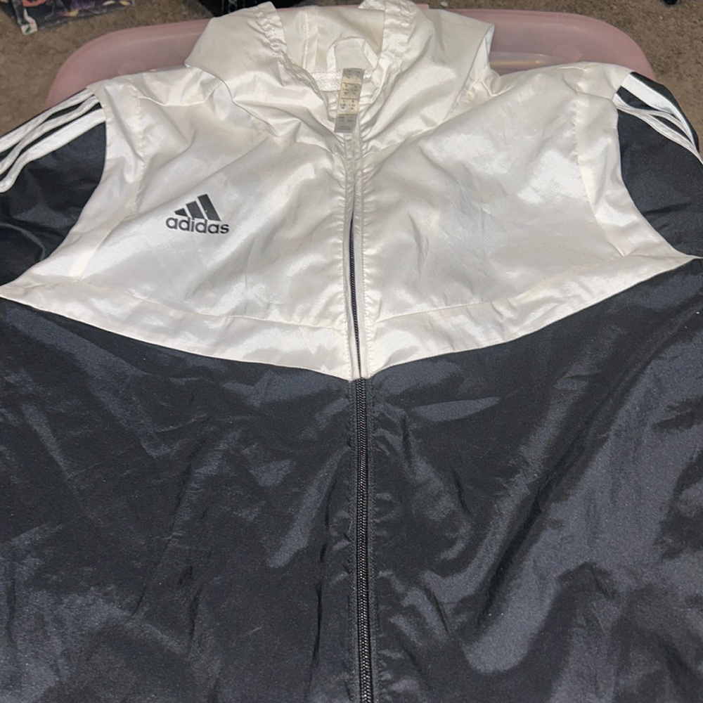Adidas Woman’s Black & White Striped Windbreaker Jacket . Very Good Condition!